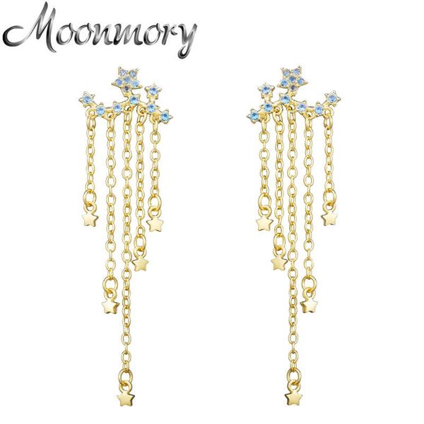 

Moonmory 925 Sterling Silver Electroplated 18K Gold Tassel Earrings For Women CZ Blue Five-pointed Star Piercing Pendant Jewelry, Golden;silver