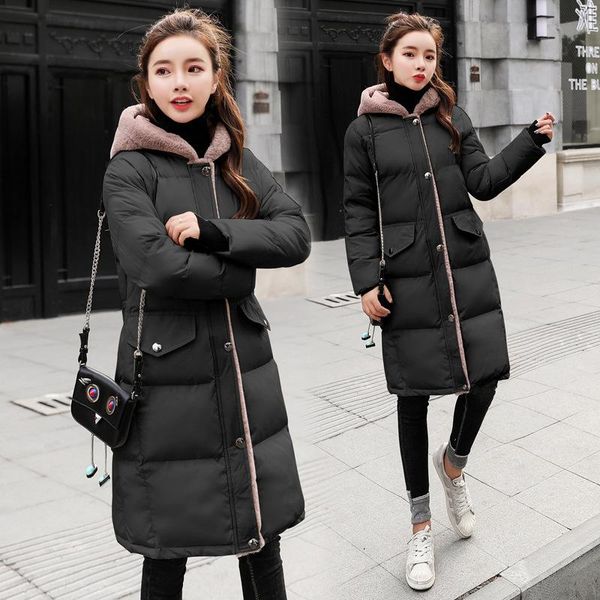 

cotton padded jacket women long parka 2021 autumn winter thicken female outwear overcoats zipper pockets slim jackets m572, Black
