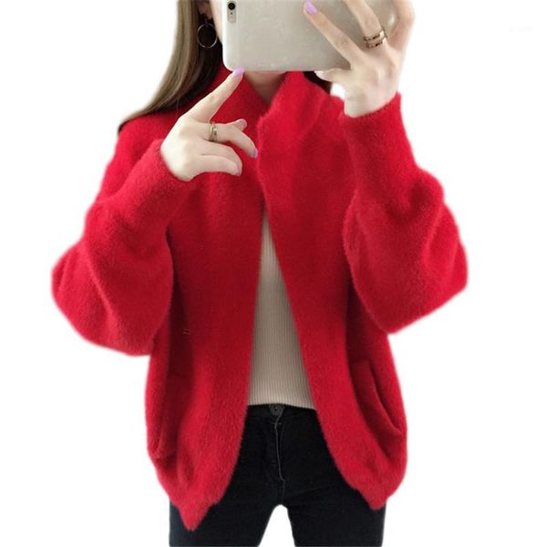 

spring ladies sweater 2019 new high collar long-sleeved cardigan solid color thicken knitwear fashion women cardigan lj1071, White;black
