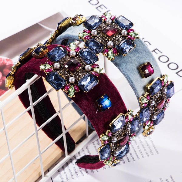 

high-end super flash glass diamond diamond cross flower gold velvet hair band wide edge headband new style, Slivery;white