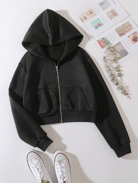 

solid zip up drop shoulder crop hoodie b8nq#, White;black