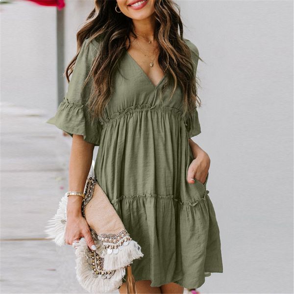 

2021 new new style college fashion deep v return the solid at knee height dressed female 4n89, Black;gray