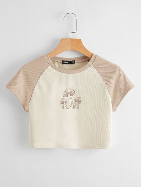 

mushroom print raglan sleeve crop tee j66t#, White
