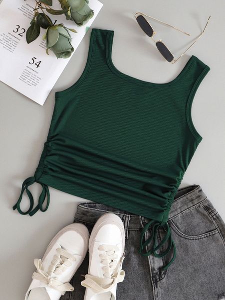 

plain drawstring shirred tank c8wu#, White