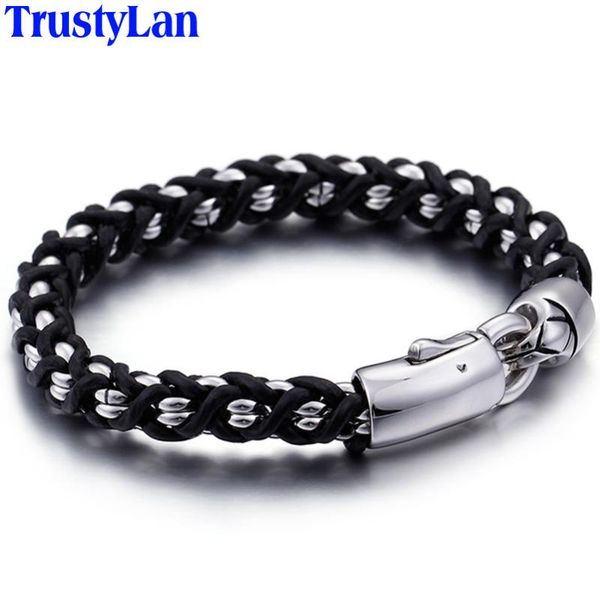

link, chain trustylan retro vintage black genuine leather bracelet men 316l stainless steel men's bracelets jewelry armbanden