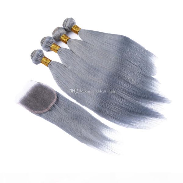 

silky straight hair weaves 4pcs with lace closure 4x4 colored grey closure with hair extensions double wefted 440g, Black