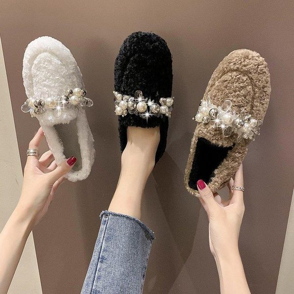 

winter fur flats loafers women shoes new casual shoes crystal pearl warm furry footwear outdoor autumn woman luxury flats, Black
