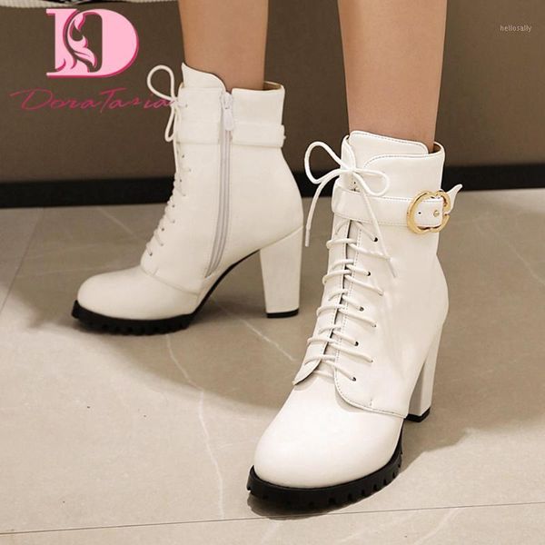 

doratasia new brand plus size 32-48 female boots cross tied high heels with buckle solid boots woman office concise woman shoes1, Black