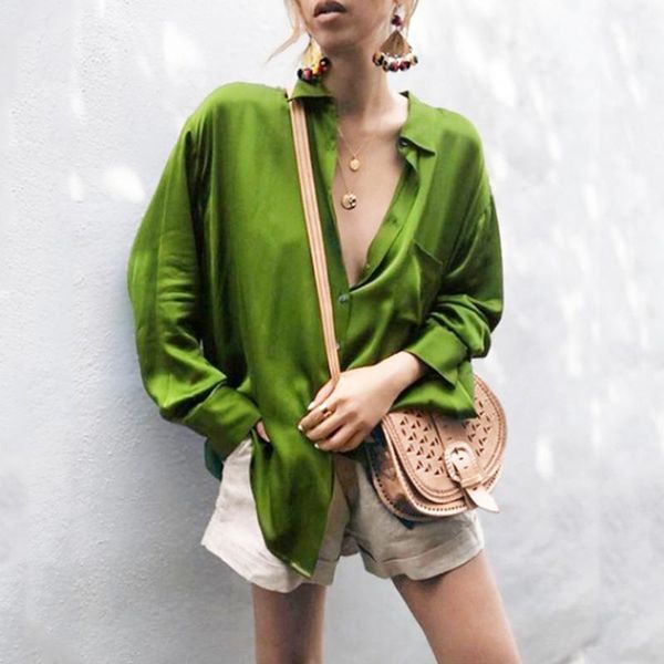 

women blouse solid color button cardigan pockets turn down collar long sleeve blouse ladies casual loose shirt1, White