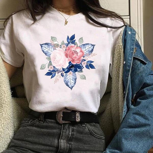 

women tees print graphic fashion printing watercolor floral flower fashion 90s lady clothing female t shirt womens t shirt, White