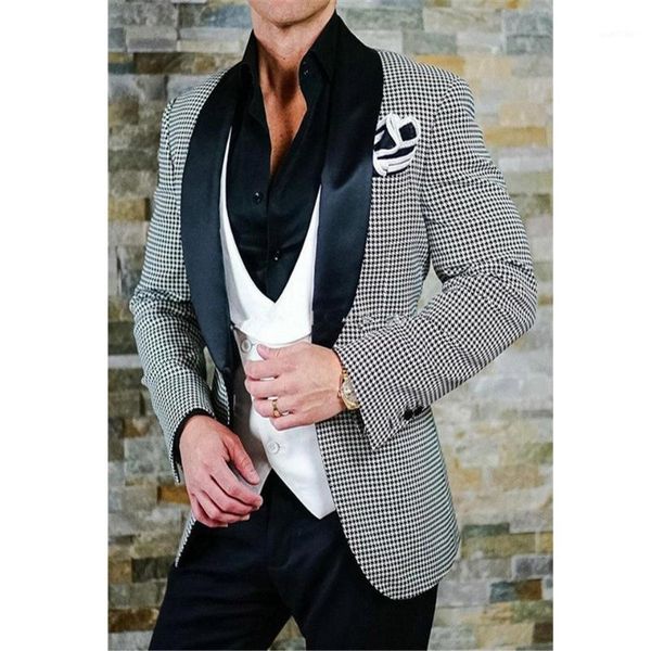 

custom slim new black and white plaid jacket suit 3 piece pants vest ball groom wedding dress1, White;black