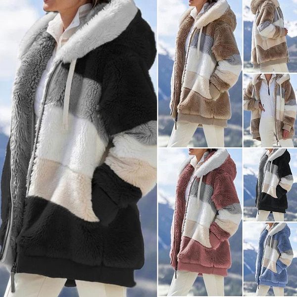 

women's wool & blends wholesale winter contrasting plush padded coat loose fit zipper closure hooded various color outerwear for women, Black