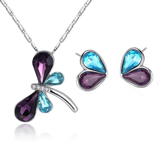 

crystal dragonfly setting cubic zirconia necklace earrings silver color party jewelry sets for woman