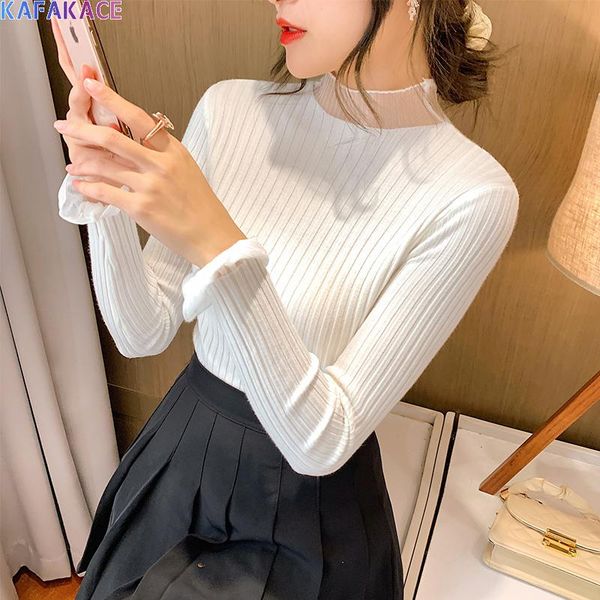 

women's sweaters kafakace 2021 women sweater knitting o-neck striped pullover &tees casual show thin sweet buttons, White;black