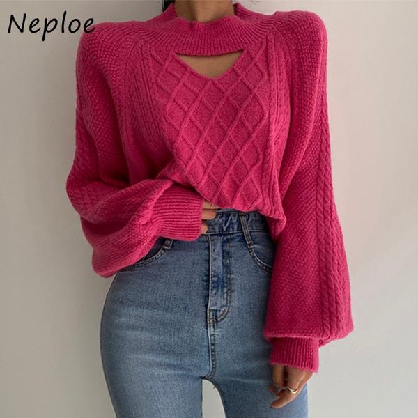 

women's sweaters neploe chic argyle twist knitted women o-neck hollow out lantern sleeve coat autumn winter elegant loose pullovers, White;black