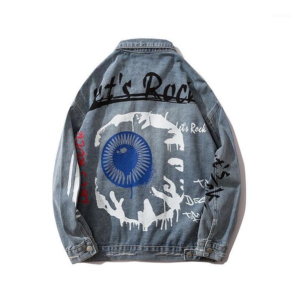 

hip hop denim jacket men graffiti streetwear jeans jacket oversized fashion distressed hole outwear hiphop street coats blue eye1, Black;brown
