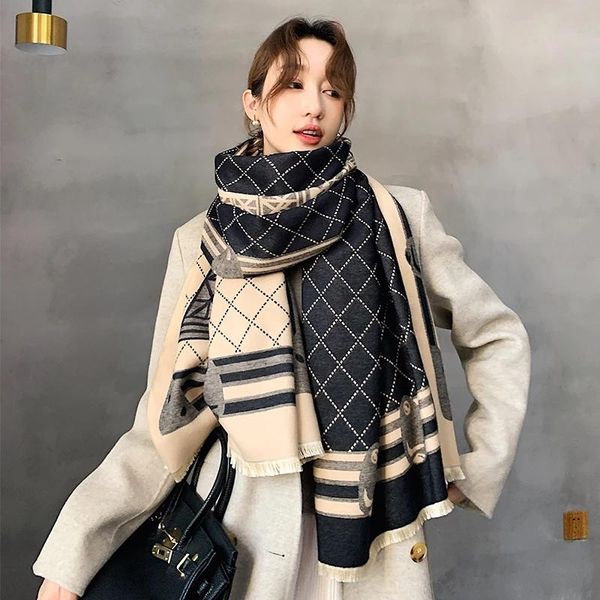 

2020 european and american women's warm and thick long dual-use shawl autumn winter new imitation cashmere chain scarf, Blue;gray