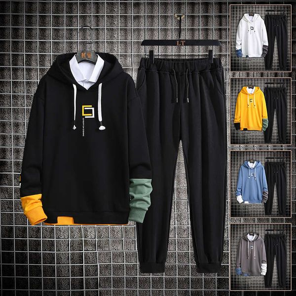 

autumn and winter new men's youth casual long sleeve hooded pants fashion sports suit, Gray