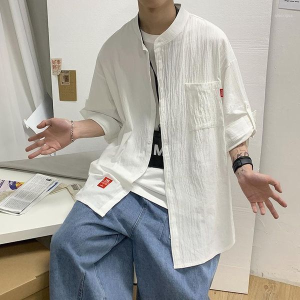 

2020 spring and summer new youth popular men's loose large size solid color five-point sleeve shirt fashion casual shirt jacket1, White;black