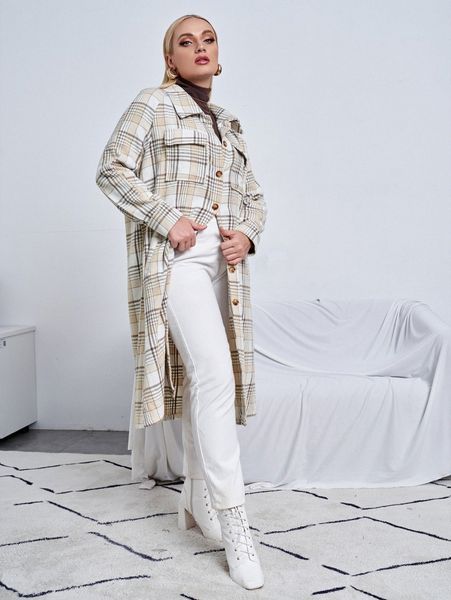 

plus plaid pattern slant pockets raglan sleeve overcoat n05l#, Black