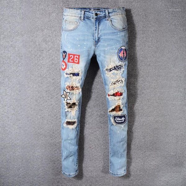 

2020 new men ripped skinny biker embroidery print jeanstaped slim fit denim scratched destroyed hole jean1, Blue