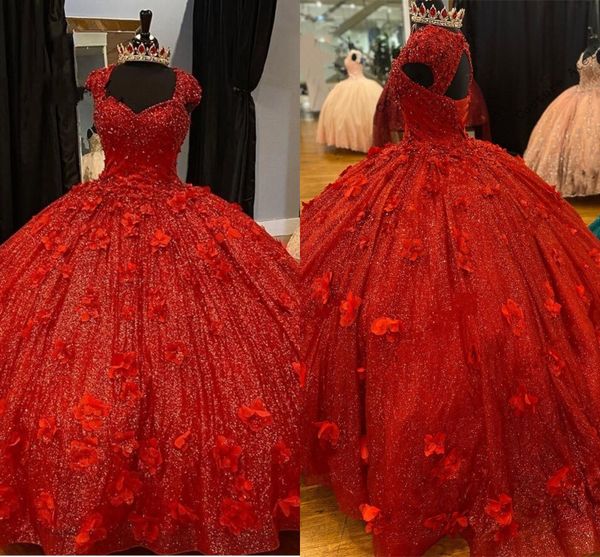 Puffy vermelho mão fez flores quinceanera vestido vestido de bola frisado cristal glitter tulle tampa de manga curta doce 16 vestido de baile formatura feminina