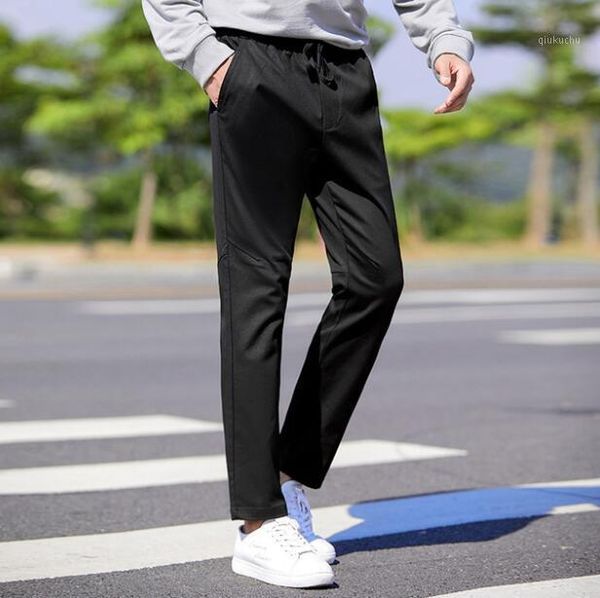 

casual men's trousers trend 2020 autumn and winter new simple trendy stretch comfortable casual straight cropped trousers1, Black
