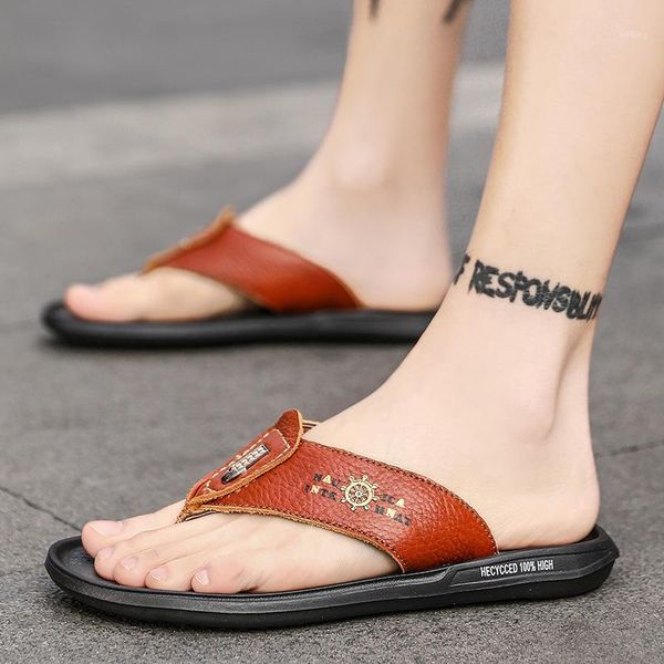 

men's slippers summer flip flop residential shower leather leisure beach shoes trend personality outdoor non slip sandals 20201, Black
