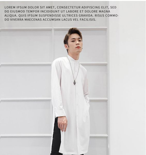 

stand collar shirt men's long sleeve slim trend long men's fashion korean version handsome autumn super long split solid color sim, White;black