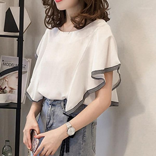 

summer blouse women leaf sleeve o-neck loose stripe stitching shirt blusas mulher elegantes blusas mujer de moda 20191, White