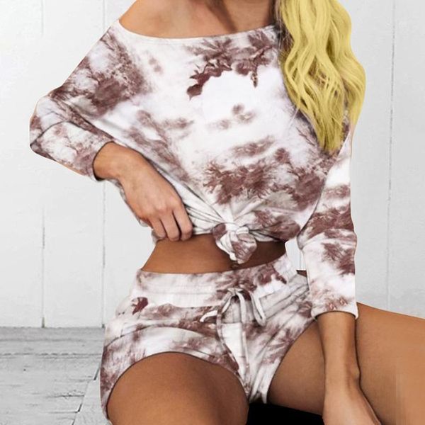 

yoga outfits women fashion tie-dye homewear set long sleeve bandage print elastic waist shorts casual two-piece1, White;red