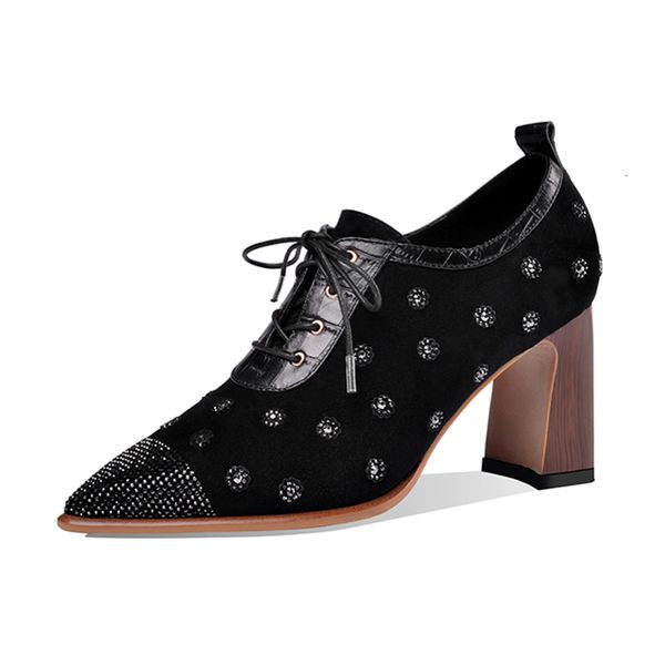 

suede lace 2021 up to high-heeled shoes toe-pointing woman special fabric wood jumps female elegant party bombs 3q52, Black