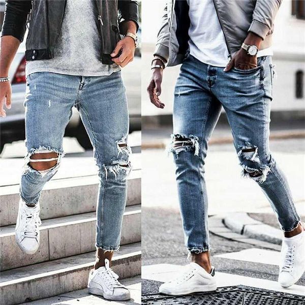 

mens solid color jeans 2020 new fashion slim pencil pants casual hole ripped design streetwear denim trousers1, Blue