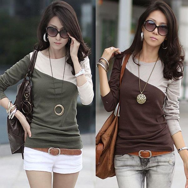 

women long sleeve t shirt autumn winter bottoming shirt patchwork o neck tee shirt plus size loose casual female cheap, White