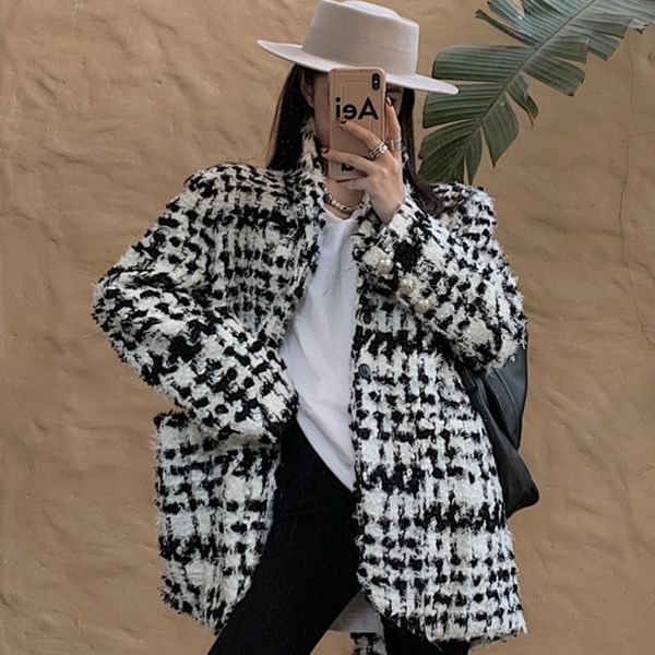 

women's wool & blends [ewq] 2021 winter female fashion casual turn down collar long-sleeved minimalist panelled plaid short woolen over, Black