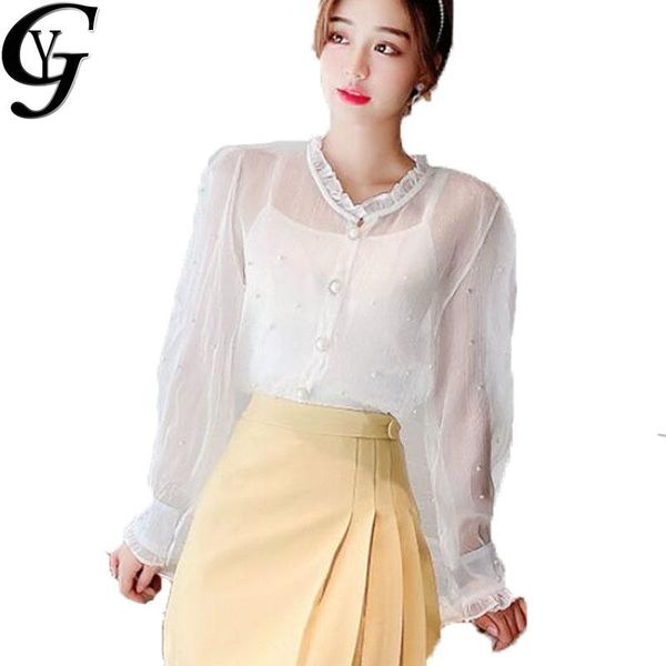 

yg 2020 korean fashion women shirts blouse causal two piece see through + sling pearl elegant mujer, White
