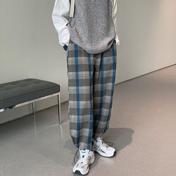 

kpop men's plaid pants retro relaxed check straight trousers washed drawstring loose oversized baggy casual bottoms, Black
