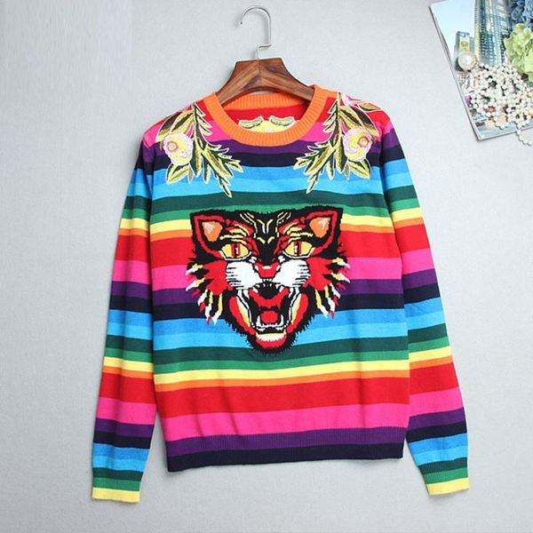 

runway sweater winter women sweaters flower embroidery rainbow striped sweater tiger knitted casual pullover jumper pull femme1, White;black