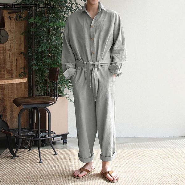 

men's pants incerun vintage men jumpsuit solid color button long sleeve lapel casual japanese style overalls streetwear mens rompers pa, Black