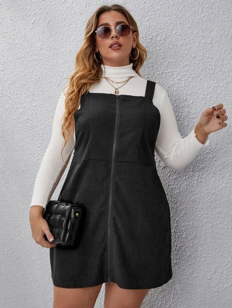 

plus solid zipper front overall dress without sweater h1hr#, Black