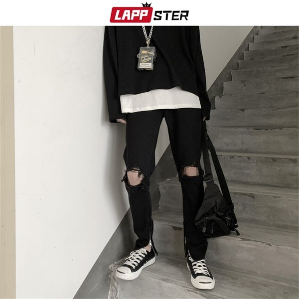 LAPPSTER Uomo Hip Hop Jeans strappati neri Maschio coreano Streetwear Pantaloni skinny in denim Moda maschile Jeans strappati a vita alta 201223