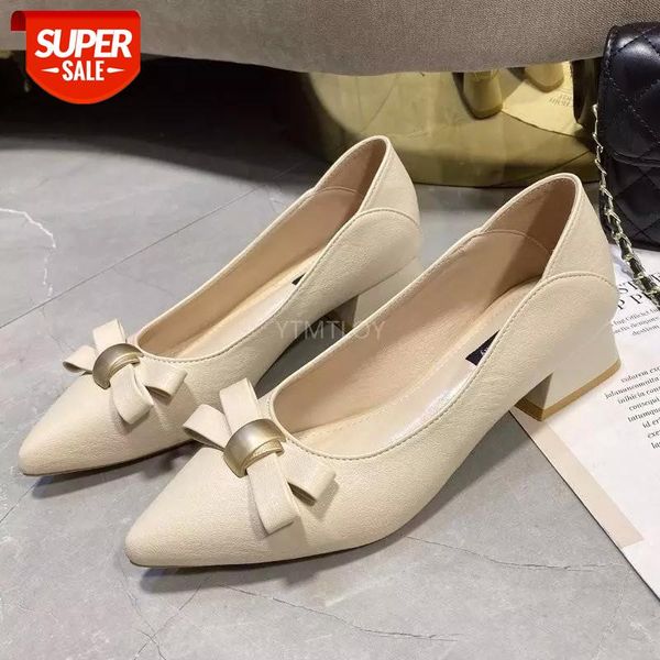 

slip on bow shoes ladies heels pumps work dress shallow mouth 2021 pointed square heel zapatos rojos mujer escarpin femme #gt8s, Black