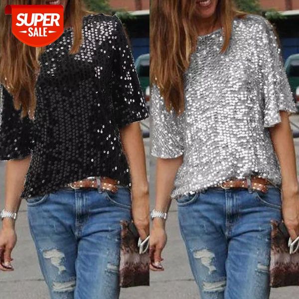 

summer explosion sequined t-shirt womens half sleevele glitter solid loose pullover ladies t shirts #9e1r, White