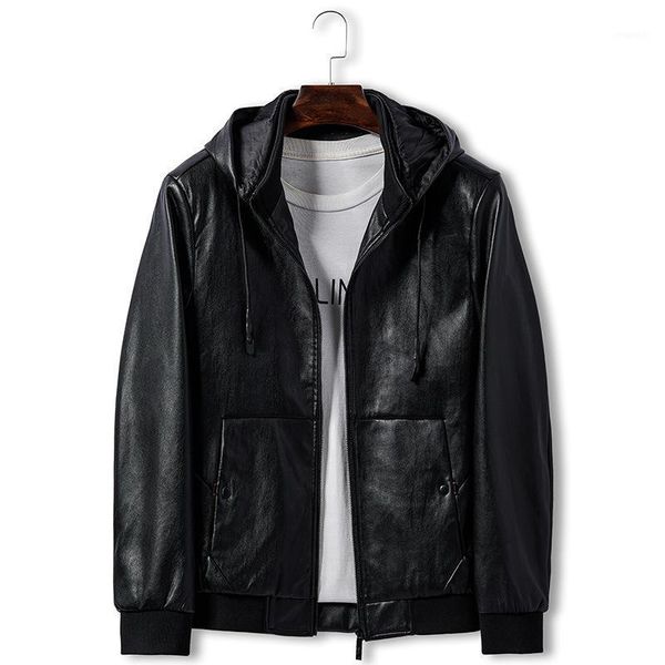 

brand men's clothing detachable cap leather men straight business joker 8918 men's leather jackets coat1, Black