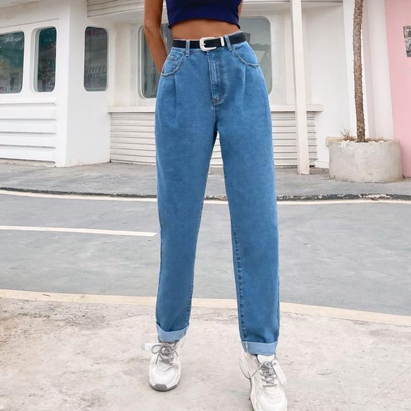 

2021 new fashion high waist jeans women boyfriends straight jeans femme loose vintage denim pants with pockets vaqueros mujer, Blue