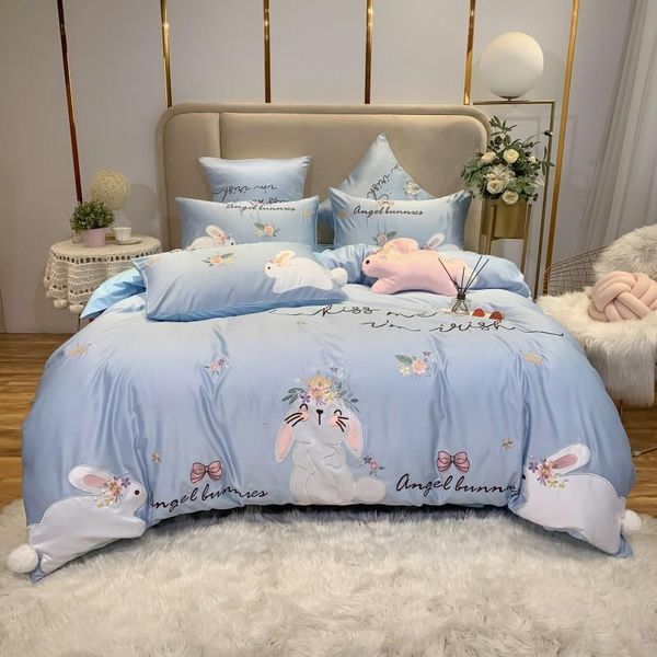

cute cartoon white applique embroidery bedding set satin like silk cotton duvet cover bed sheet pillowcases home textiles