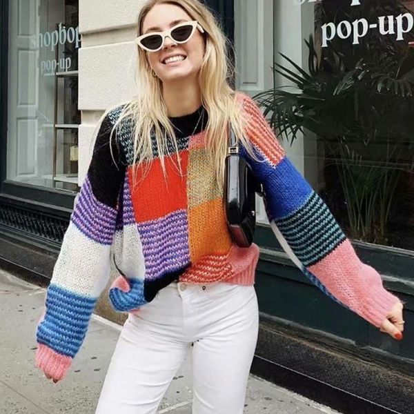 

khalee yose oversize rainbow mohair sweaters pullovers women 2019 winter knitted sweater long sleeve loose jumpers crew sweater1, White;black