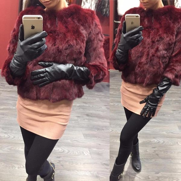 

ethel anderson real rabbit fur coat women's floral jacket 3/4 sleeve outwear t200930, Black