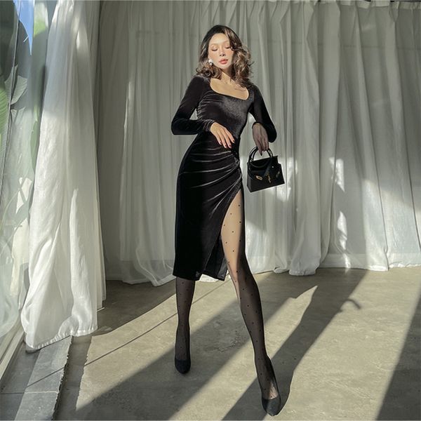 

2021 new spring french style square collar vintage black velvet sleeve long thin slit dress for woman j1s5, Black;gray