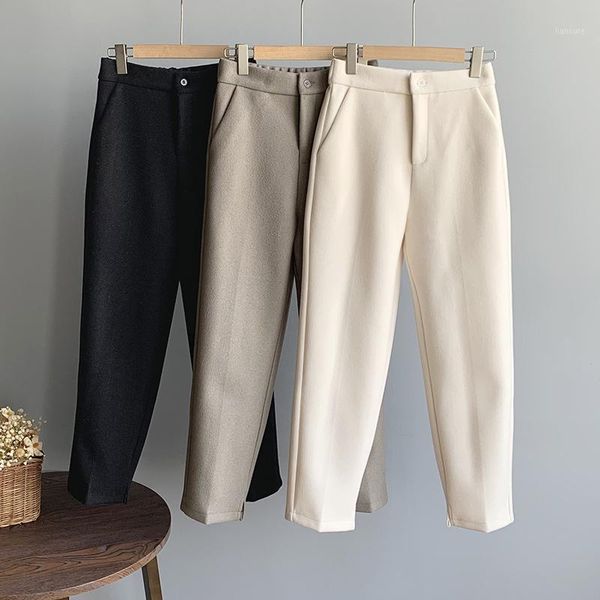 

2020 solid color pants women's ankle-length winter pants high waist korean woolen straight casual 08021, Black;white